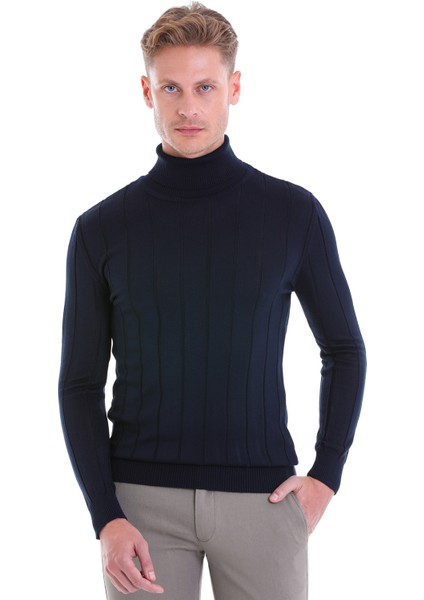 Lacivert Regular Fit Desenli Balıkçı Yaka Yün Triko Kazak