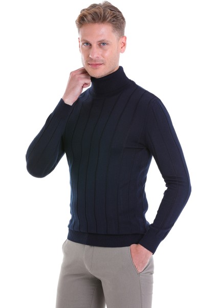 Lacivert Regular Fit Desenli Balıkçı Yaka Yün Triko Kazak fiyatları