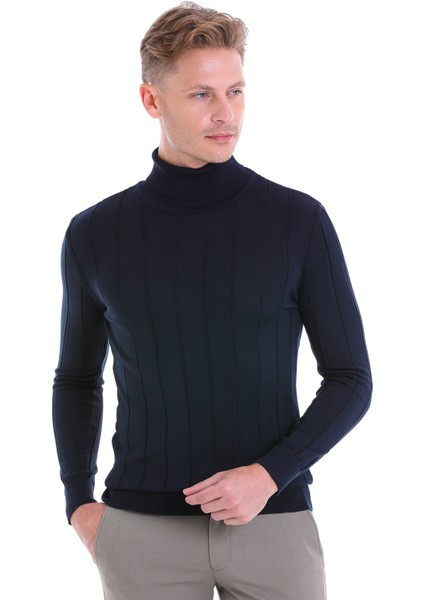 Lacivert Regular Fit Desenli Balıkçı Yaka Yün Triko Kazak modelleri