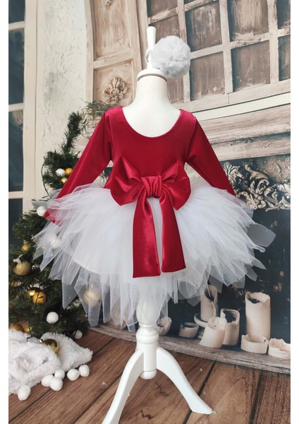 Kız Çocuk Kırmızı Kadife Beyaz Tüllü Noel Elbise, Uzun Kollu Kırmızı Doğum Günü Elbisesi, Bandana modelleri