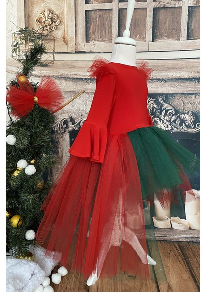 Kız Çocuk Asimetrik Kırmızı Yeşil Tütü Noel Elbise, Parti Elbisesi, Doğum Günü Elbisesi, Bandana