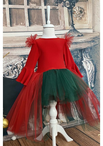 Kız Çocuk Asimetrik Kırmızı Yeşil Tütü Noel Elbise, Parti Elbisesi, Doğum Günü Elbisesi, Bandana fiyatları