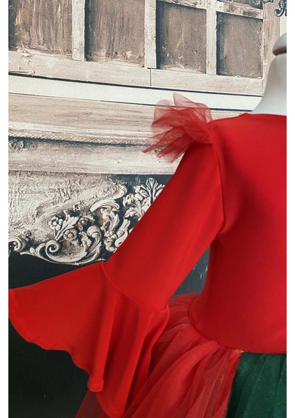 Kız Çocuk Asimetrik Kırmızı Yeşil Tütü Noel Elbise, Parti Elbisesi, Doğum Günü Elbisesi, Bandana modelleri