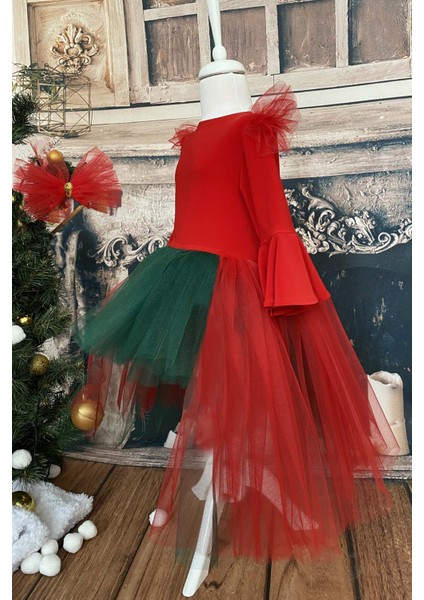 Kız Çocuk Asimetrik Kırmızı Yeşil Tütü Noel Elbise, Parti Elbisesi, Doğum Günü Elbisesi, Bandana fırsatları
