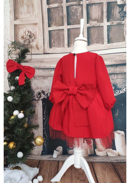 Kız Çocuk Kırmızı Fiyonklu Tütü Noel Elbise, Uzun Kollu Kırmızı Doğum Günü Elbisesi, Bandana indirimleri