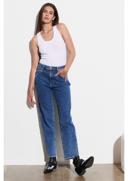 Kadın Mom Straight Fit Yüksek Bel Esnek Jean Kot Pantolon