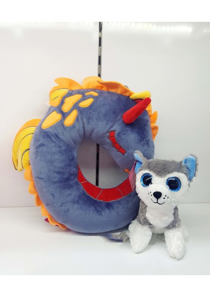 Oyun Arkadaş 20CM Oyuncak Sibirya Kurdu Kurt Köpek ve 35CM Dragon Ejderha Peluş Boyun Yastığı Yastık