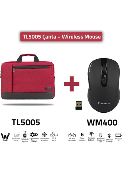 TL5005-WM400 15.6" Su Geçirmez Kumaş Laptop El ÇANTASI+WM400 Kablosuz Mouse