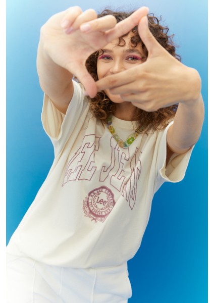 Kadın Loose Fit Rahat Kesim Pamuk Bisiklet Yaka Ekru Tişört