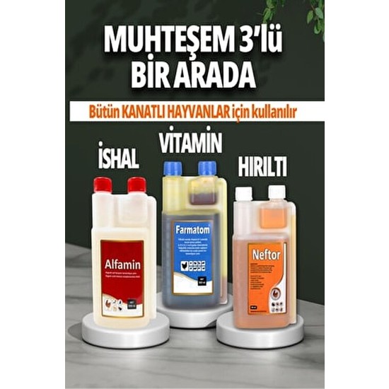 Munich Vet 3lü Set Kuşlar Için Farmatom Vitamin Alfamin Ishal Neftor Hırıltı Seti (500 Ml)