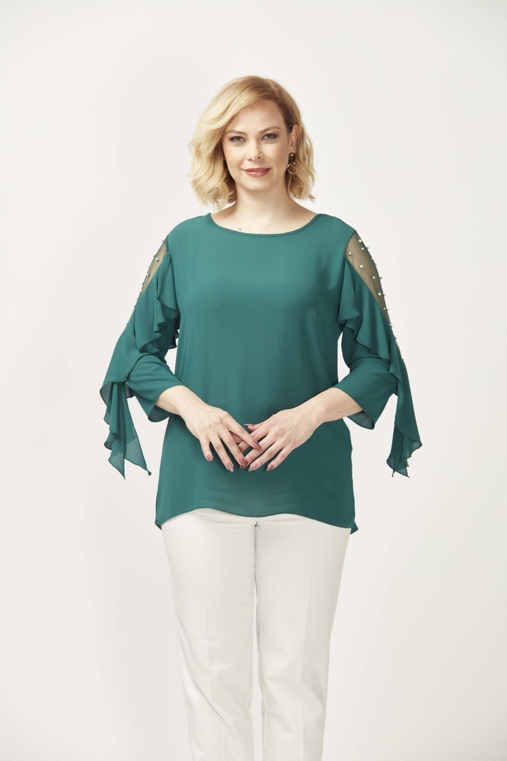 Moda Berray 28004 Yeşil Kolları Incili Büyük Beden Bluz 