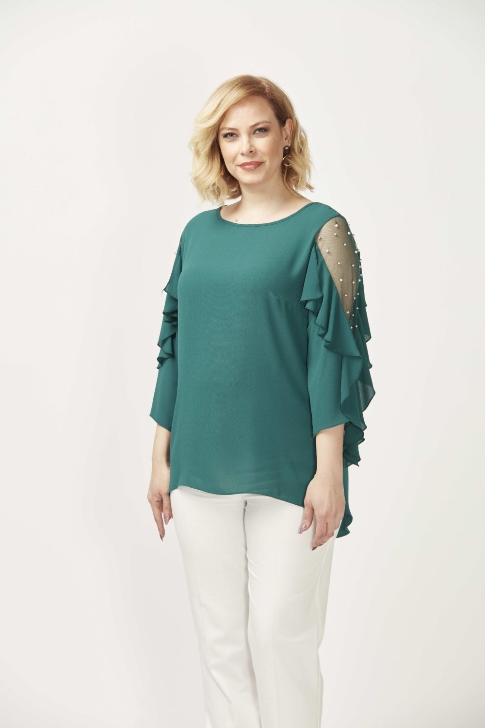 Moda Berray 28004 Yeşil Kolları Incili Büyük Beden Bluz görsel 3