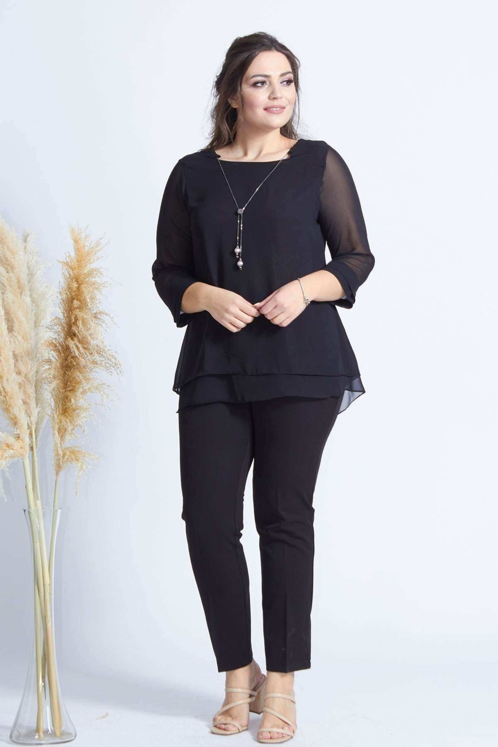 Moda Berray 1934 Siyah Kolye Yakalı Şifon Büyük Beden Şık Bluz