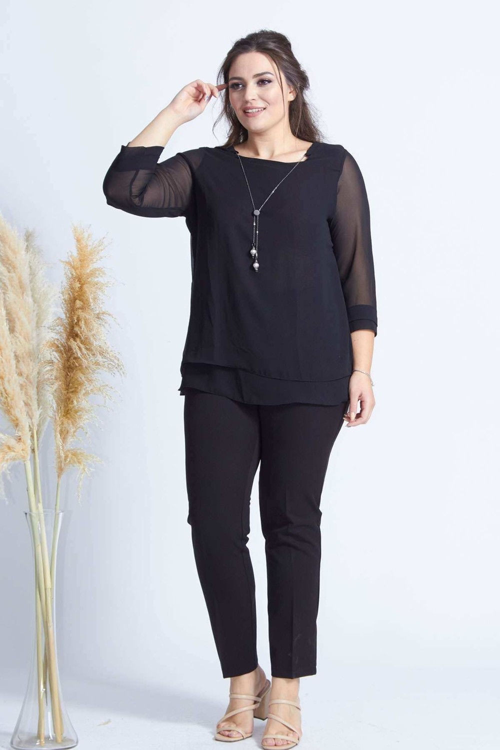 Moda Berray 1934 Siyah Kolye Yakalı Şifon Büyük Beden Şık Bluz görsel 4