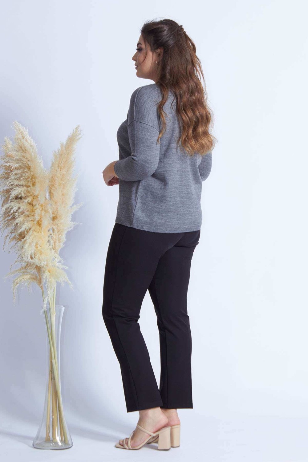 Moda Berray Gri Triko Kadın Büyük Beden Truvakar Kol Bisiklet Yaka Desenli görsel 2