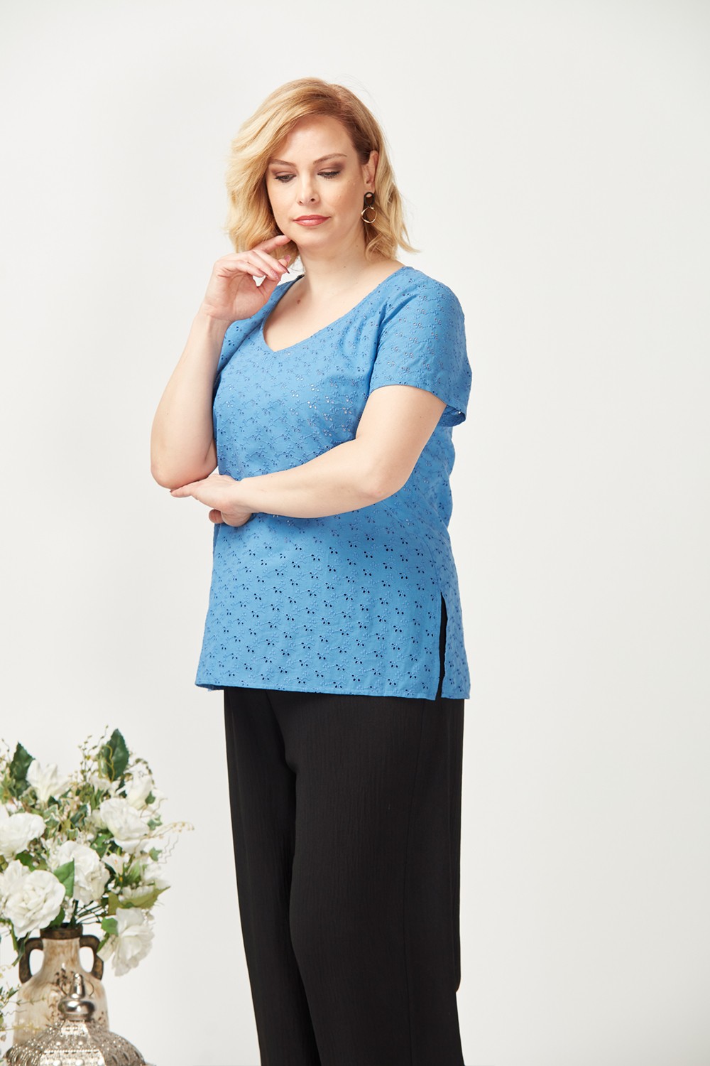 Moda Berray 3204 Fistolu Kısa Kollu Büyük Beden Şık Bluz Mavi görsel 2