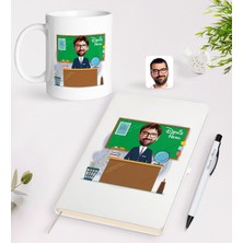 Bk Gift Kişiye Özel Coğrafya Öğretmeni Karikatürlü Beyaz Defter Kalem Kupa Seti - 2