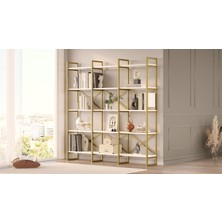 Robin Home Atlantis Gold Metal Kitaplık 5 Raflı Geniş 3 Bölme 175CM Beyaz