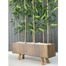 Bahçem Ahşap Saksılı 60CM Ayaklı Dikdörtgen Model Yapay Yapraklı Dekoratif Bambu Seperatör 125CM 7 Gövde