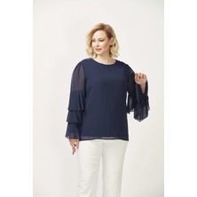 Moda Berray 28009 Kolları Fırfırlı Büyük Beden Bluz Lacivert