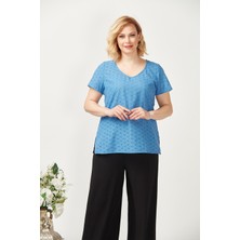 Moda Berray 3204 Fistolu Kısa Kollu Büyük Beden Şık Bluz Mavi