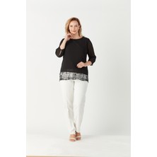 Moda Berray 4046 Şifon Payet Dantel Kombinli Büyük Beden Şık Bluz Siyah