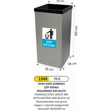 Arı Metal Kare Paslanmaz Siyah Kapaklı Çöp Kovası 36X36X60 cm