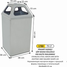 Arı Metal Piramit Kapaklı Küllüklü Paslanmaz Çöp Kovası 36X36X60+15 cm