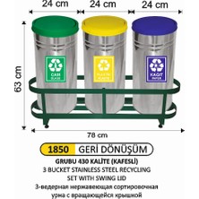 Arı Metal Geridönüşüm Çöp Kovası 3 Lü Paslanmaz Döner Kapaklı