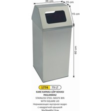 Arı Metal Kare Kapaklı Çöp Kovası Paslanmaz 36X36X60+15 cm