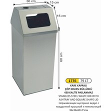 Arı Metal Kare Kapaklı Küllüklü Çöp Kovası Paslanmaz 36X36X60+15 cm