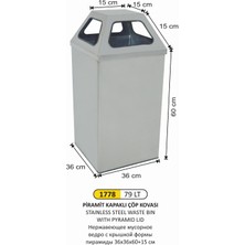 Arı Metal Piramit Kapaklı Paslanmaz Çöp Kovası 36X36X60+15 cm