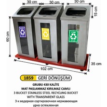 Arı Metal Geridönüşüm Kovası Camlı Paslanmaz 3 Lü
