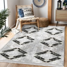 RealHomes Siyah - Gri Zeminde Mermer Motifli Eskitme Desenli Geometrik Eskitme Motifli  Dijital Baskılı Makinede Yıkanabilir Kaymaz Taban Saçaklı Halı