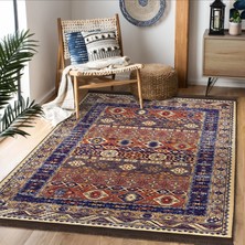RealHomes Lacivert Zeminde Hereke Motifli Otantik Desenli Avangarde Vintage Dijital Baskılı Makinede Yıkanabilir Kaymaz Taban Saçaklı Halı
