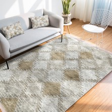 RealHomes Krem - Bej Zeminde Geometrik Motifli Klasik Desenli Eskitme Motifli Geometrik  Baskılı Makinede Yıkanabilir Kaymaz Taban Saçaklı Halı