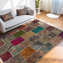 RealHomes Kırkyama Zeminde Etnik Motifli Patchwork Desenli Vintage Etnik Motifler Dijital Baskılı Makinede Yıkanabilir Kaymaz Taban Saçaklı Halı