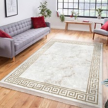 RealHomes Gold Zeminde Çerçeveli Motifli Mermer Desenli Geometrik Klasik Dijital Baskılı Makinede Yıkanabilir Kaymaz Taban Saçaklı Halı