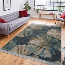 RealHomes Mavi Zeminde Yağlı Boya Motifli Çiçek Desenli Floral  Dijital Baskılı Makinede Yıkanabilir Kaymaz Taban Saçaklı Halı