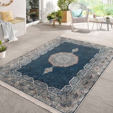 RealHomes Mavi Zeminde Kilim Motifli Otantik Desenli Eskitme Motifli Avangarde Dijital Baskılı Makinede Yıkanabilir Kaymaz Taban Saçaklı Halı