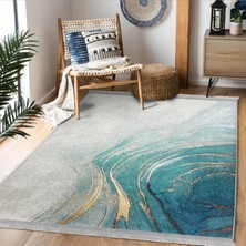 RealHomes Mavi - Gold Zeminde Altın Motifli Mermer Desenli Modern Klasik  Dijital Baskılı Makinede Yıkanabilir Kaymaz Taban Saçaklı Halı
