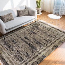 RealHomes Kahverengi - Krem Zeminde Çerçeveli Motifli Eskitme Desenli Eskitme Motifli Vintage  Dijital Baskılı Makinede Yıkanabilir Kaymaz Taban Saçaklı Halı