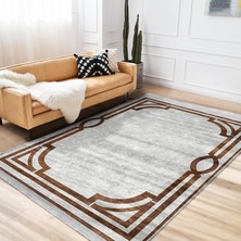 RealHomes Kahverengi - Gri Zeminde Çerçeveli Motifli Klasik Desenli Vintage Geometrik Dijital Baskılı Makinede Yıkanabilir Kaymaz Taban Saçaklı Halı