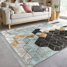 RealHomes Gold- Siyah Zeminde Mozaik Motifli Geometrik Desenli Geometrik Klasik  Dijital Baskılı Makinede Yıkanabilir Kaymaz Taban Saçaklı Halı