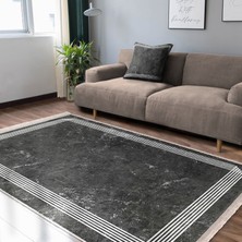 RealHomes Füme Zeminde Çerçeveli Motifli Mermer Desenli Geometrik Klasik Dijital Baskılı Makinede Yıkanabilir Kaymaz Taban Saçaklı Halı