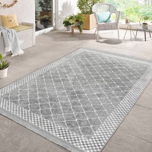 RealHomes Gri - Beyaz Zeminde Çerçeveli Motifli Geometrik Desenli Geometrik Sade & Şık Salon & Oturma Odası Mutfak Dijital Baskılı Makinede Yıkanabilir Kaymaz Taban Saçaklı Halı