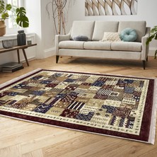 RealHomes Kahverengi Zeminde Patchwork Motifli Etnik Desenli Vintage Etnik Motifler Dijital Baskılı Makinede Yıkanabilir Kaymaz Taban Saçaklı Halı
