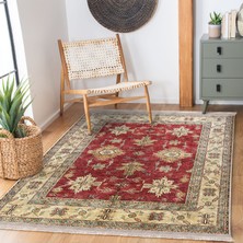 RealHomes Kırmızı Zeminde Geleneksel Motifli Etnik Desenli Avangarde Vintage  Dijital Baskılı Makinede Yıkanabilir Kaymaz Taban Saçaklı Halı