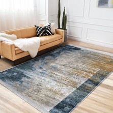 RealHomes Mavi - Krem Zeminde Dokuma Halı Motifli Eskitme Desenli Eskitme Motifli Modern Dijital Baskılı Makinede Yıkanabilir Kaymaz Taban Saçaklı Halı