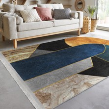 RealHomes Lacivert Zeminde Geometrik Motifli Mordern Sanat Desenli Modern Geometrik  Dijital Baskılı Makinede Yıkanabilir Kaymaz Taban Saçaklı Halı